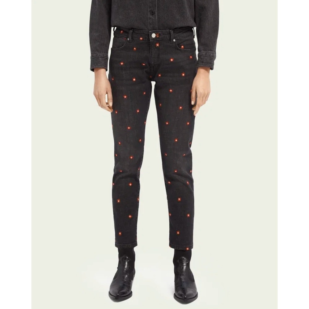 Scotch & Soda Petit Ami Slim‎ Leg Boyfriend Jeans Black w Floral Embroidery 27/4
